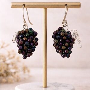 Vintage Style Grape Earrings Purple Beaded Cluster Dangle Artisan Style